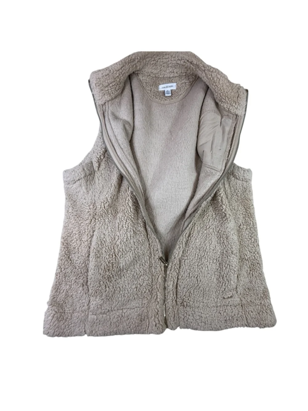 Calvin Klein Sherpa Fleece Vest Women’s Medium Beige Full Zip Cozy Layering Jack